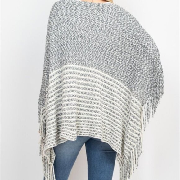 BOHO KNITTED TWO TONE STRIPED FRINGE PONCHO - Picture 2 of 6